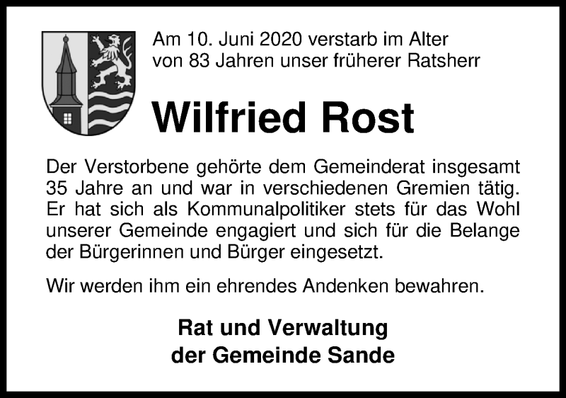  Traueranzeige für Wilfried Rost vom 13.06.2020 aus Nordwest-Zeitung