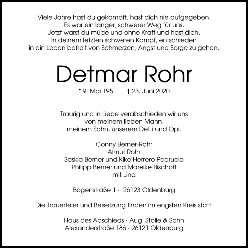  Traueranzeige für Detmar Rohr vom 27.06.2020 aus Nordwest-Zeitung
