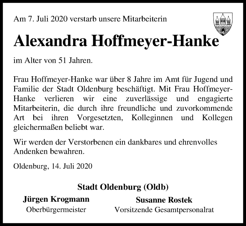  Traueranzeige für Alexandra Hoffmeyer-Hanke vom 14.07.2020 aus Nordwest-Zeitung