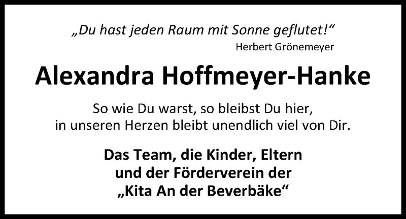  Traueranzeige für Alexandra Hoffmeyer-Hanke vom 15.07.2020 aus Nordwest-Zeitung