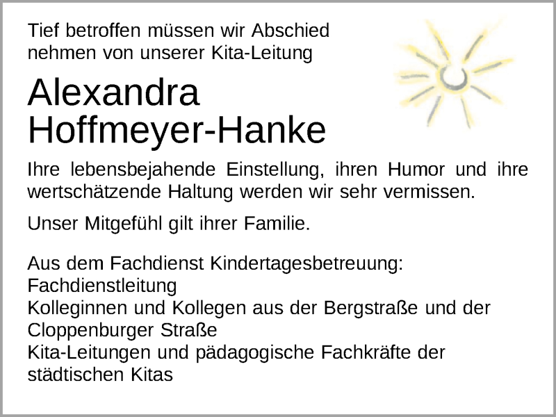  Traueranzeige für Alexandra Hoffmeyer-Hanke vom 15.07.2020 aus Nordwest-Zeitung