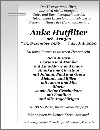Traueranzeige von Anke Hutfilter von Nordwest-Zeitung