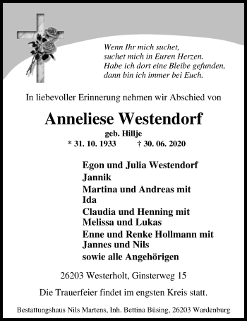 Traueranzeige von Anneliese Westendorf von Nordwest-Zeitung
