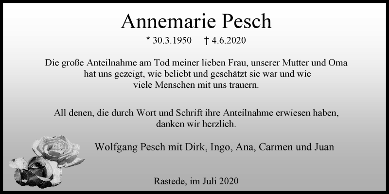  Traueranzeige für Annemarie Pesch vom 23.07.2020 aus Nordwest-Zeitung