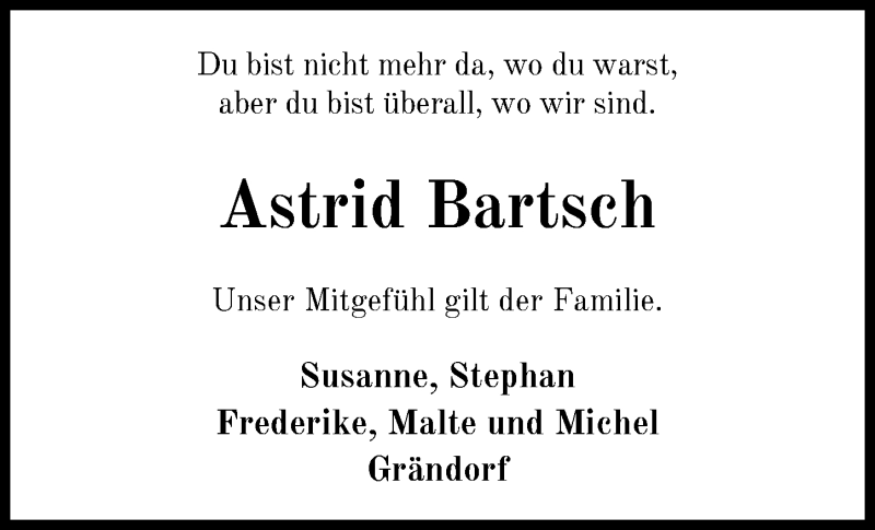 Traueranzeige für Astrid Bartsch vom 29.07.2020 aus Nordwest-Zeitung