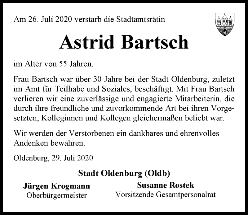  Traueranzeige für Astrid Bartsch vom 29.07.2020 aus Nordwest-Zeitung