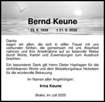 Traueranzeige von Bernd Keune von Nordwest-Zeitung