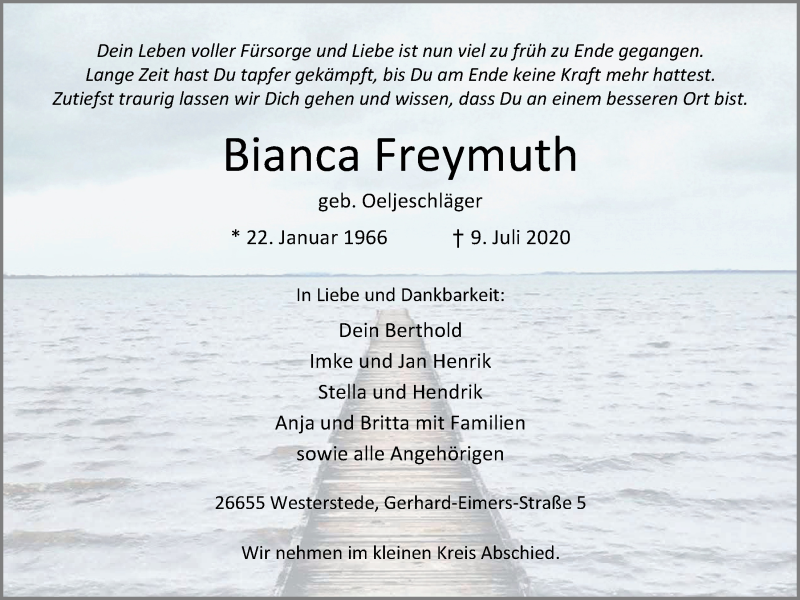  Traueranzeige für Bianca Freymuth vom 14.07.2020 aus Nordwest-Zeitung