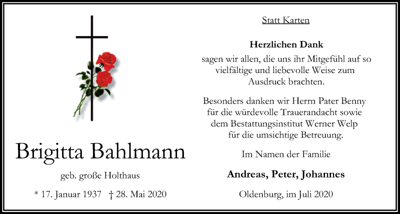  Traueranzeige für Brigitta Bahlmann vom 04.07.2020 aus Nordwest-Zeitung