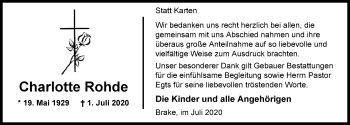 Traueranzeige von Charlotte Rohde von Nordwest-Zeitung