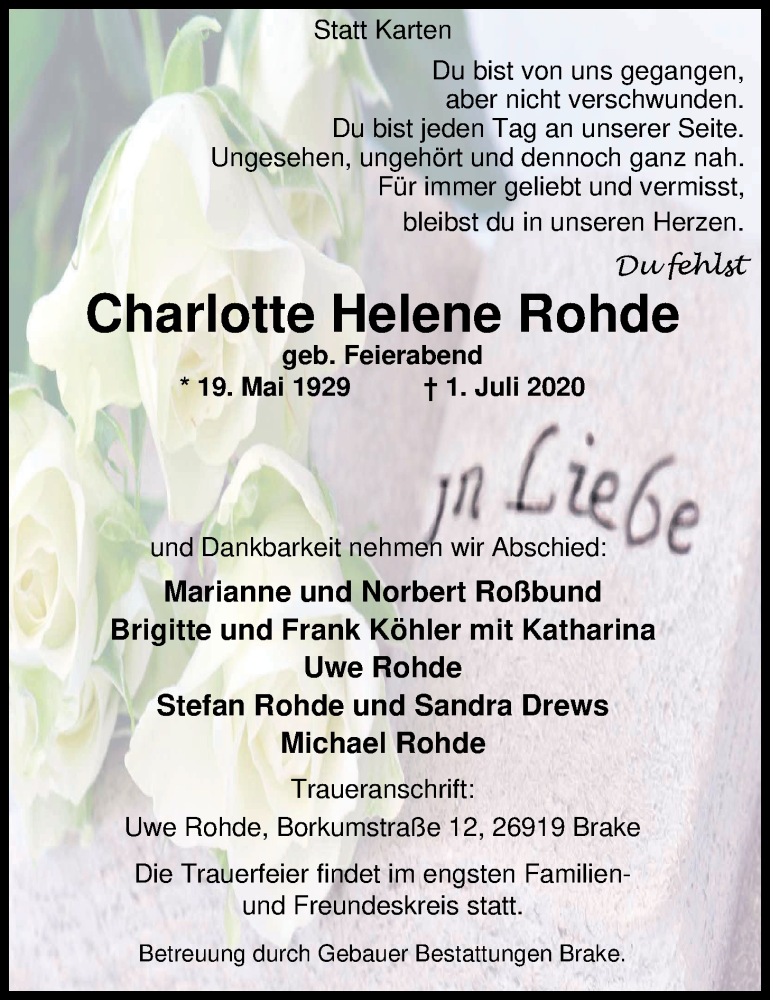  Traueranzeige für Charlotte Helene Rohde vom 04.07.2020 aus Nordwest-Zeitung