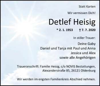 Traueranzeige von Detlef Heisig von Nordwest-Zeitung