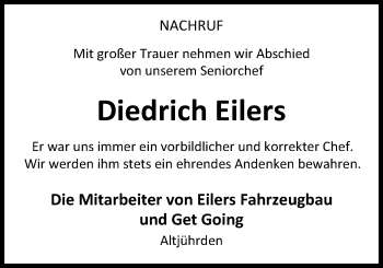 Traueranzeige von Diedrich Eilers von Nordwest-Zeitung