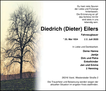 Traueranzeige von Diedrich Eilers von Nordwest-Zeitung