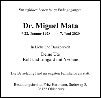 Traueranzeige von Dr. Miquel Mata von Nordwest-Zeitung