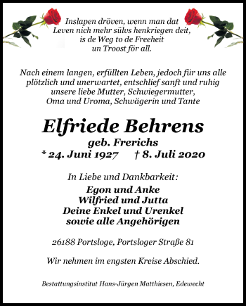 Traueranzeige von Elfriede Behrens von Nordwest-Zeitung