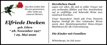 Traueranzeige von Elfriede Deeken von Nordwest-Zeitung