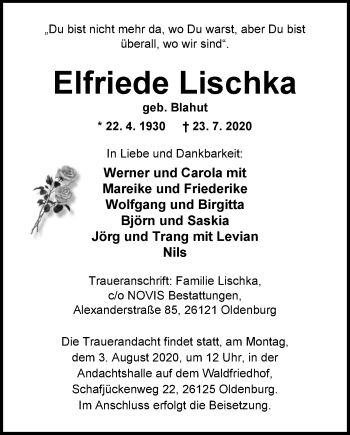 Traueranzeige von Elfriede Lischka von Nordwest-Zeitung