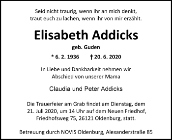 Traueranzeige von Elisabeth Addicks von Nordwest-Zeitung