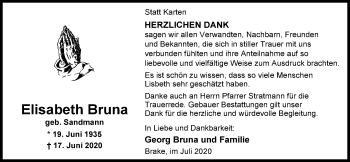 Traueranzeige von Elisabeth Bruna von Nordwest-Zeitung
