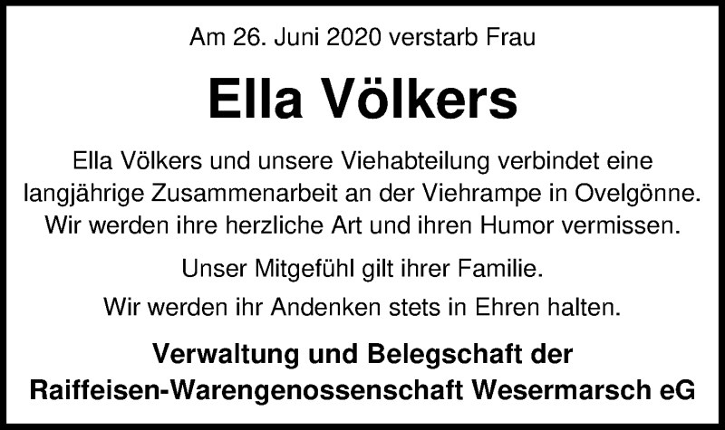  Traueranzeige für Ella Völkers vom 01.07.2020 aus Nordwest-Zeitung