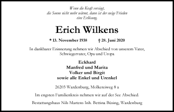 Traueranzeige von Erich Wilkens von Nordwest-Zeitung