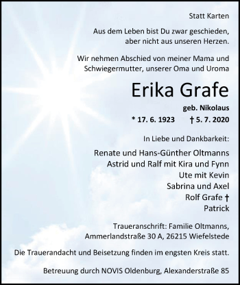 Traueranzeige von Erika Grafe von Nordwest-Zeitung