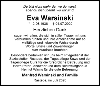 Traueranzeige von Eva Warsinski von Nordwest-Zeitung