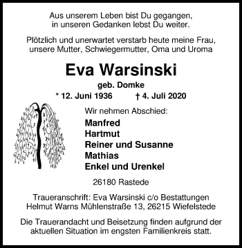Traueranzeige von Eva Warsinski von Nordwest-Zeitung