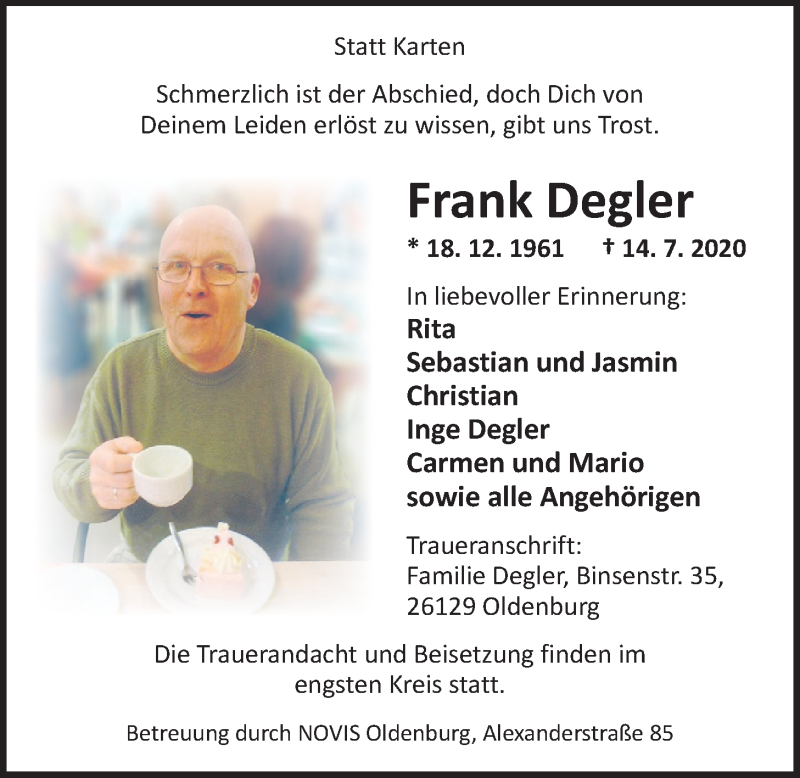  Traueranzeige für Frank Degler vom 18.07.2020 aus Nordwest-Zeitung