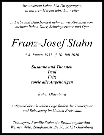 Traueranzeige von Franz-Josef Stahn von Nordwest-Zeitung