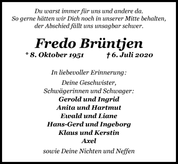 Traueranzeige von Fredo Brüntjen von Nordwest-Zeitung