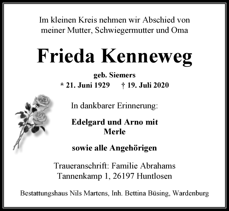  Traueranzeige für Frieda Kenneweg vom 23.07.2020 aus Nordwest-Zeitung