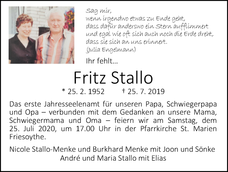  Traueranzeige für Fritz Stallo vom 24.07.2020 aus Nordwest-Zeitung