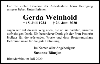 Traueranzeige von Gerda Weinhold von Nordwest-Zeitung