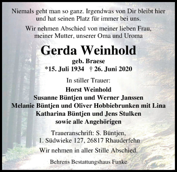 Traueranzeige von Gerda Weinhold von Nordwest-Zeitung