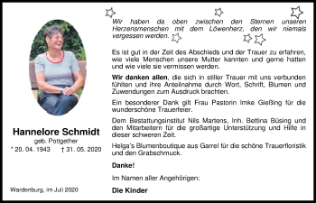 Traueranzeige von Hannelore Schmidt von Nordwest-Zeitung