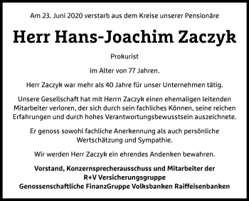 Traueranzeige von Hans-Joachim Zaczyk von Nordwest-Zeitung