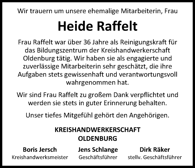  Traueranzeige für Heide Raffelt vom 18.07.2020 aus Nordwest-Zeitung