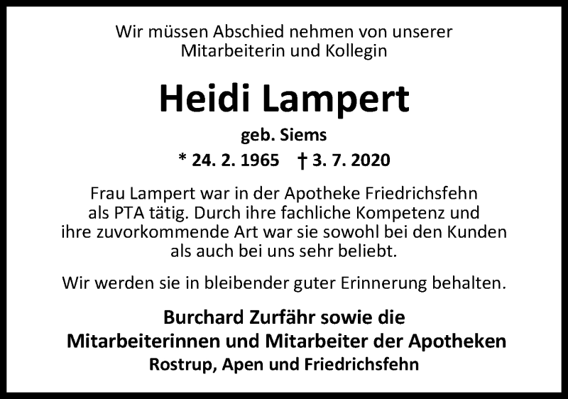  Traueranzeige für Heidi Lampert vom 07.07.2020 aus Nordwest-Zeitung