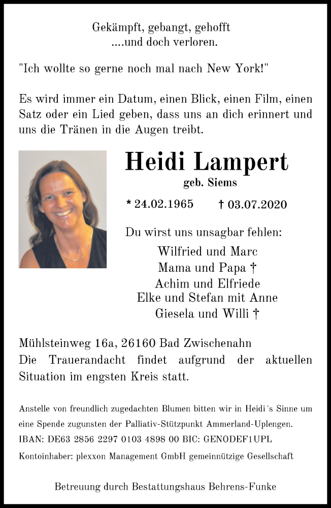  Traueranzeige für Heidi Lampert vom 07.07.2020 aus Nordwest-Zeitung