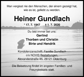 Traueranzeige von Heiner Gundlach von Nordwest-Zeitung
