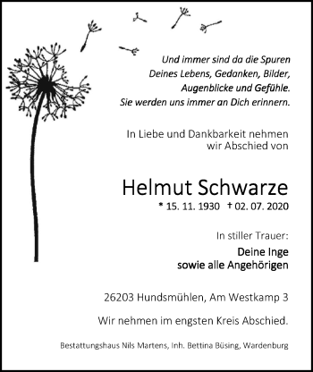 Traueranzeige von Helmut Schwarze von Nordwest-Zeitung