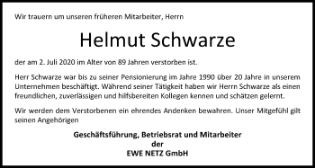 Traueranzeige von Helmut Schwarze von Nordwest-Zeitung