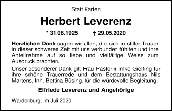 Traueranzeige von Herbert Leverenz von Nordwest-Zeitung