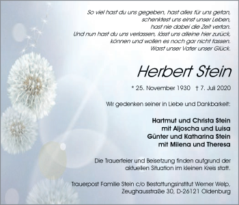 Traueranzeige von Herbert Stein von Nordwest-Zeitung