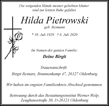 Traueranzeige von Hilda Pietrowski von Nordwest-Zeitung