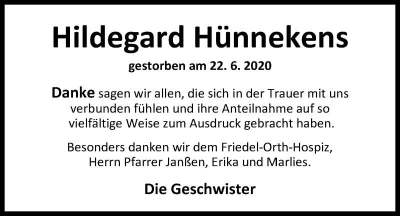 Traueranzeige für Hildegard Hünnekens vom 14.07.2020 aus Nordwest-Zeitung