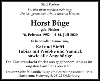 Traueranzeige von Horst Büge von Nordwest-Zeitung