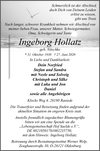 Traueranzeige von Ingeborg Hollatz von Nordwest-Zeitung